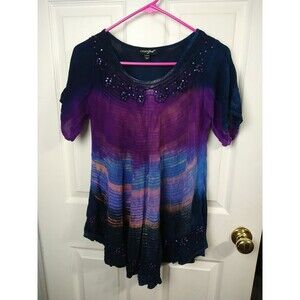 Greater Good Woman Free Size Ombre Blouse Sequin Embroidered S/S Rounded Hem...